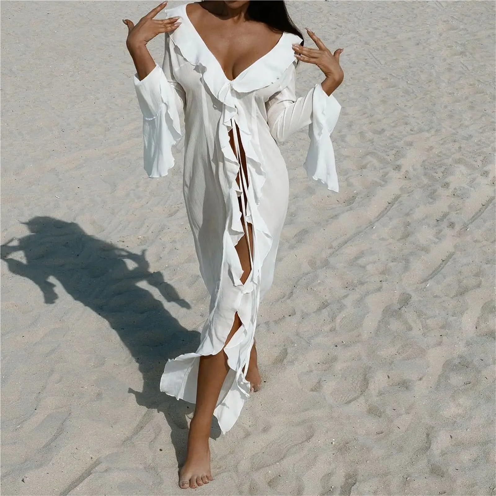 Copricostume Lungo in Chiffon Copricostume da Spiaggia Abito in Chiffon a Maniche Lunghe Protezione Solare Abbigliamento Donna Scollo a V Arricciato