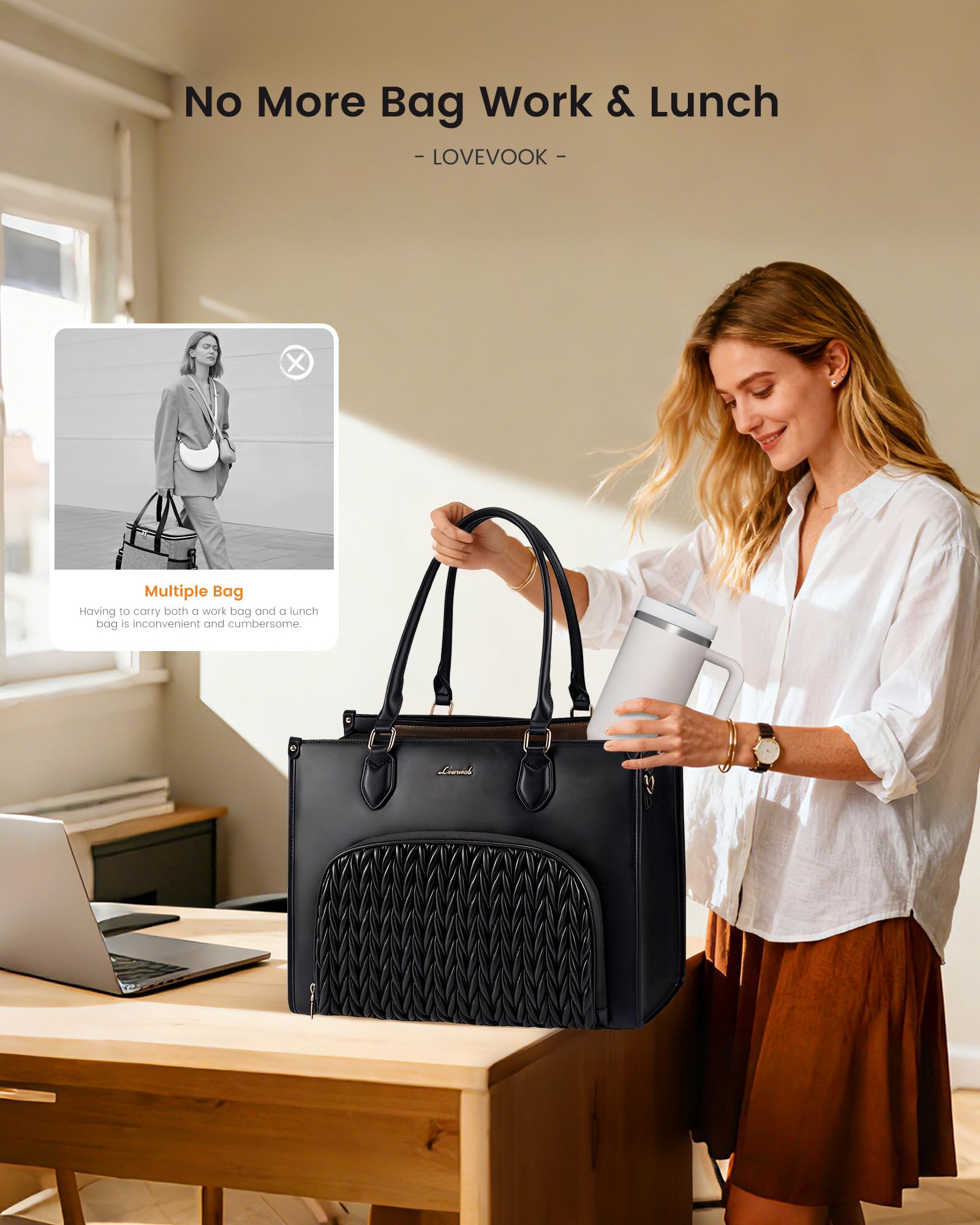LOVEVOOK Borsa da lavoro da donna con scomparto frigo isolato, borsa media, 15,6 pollici, in pelle, grande borsa per insegnanti, borsa per il pranzo, per scuola, università, ufficio, business