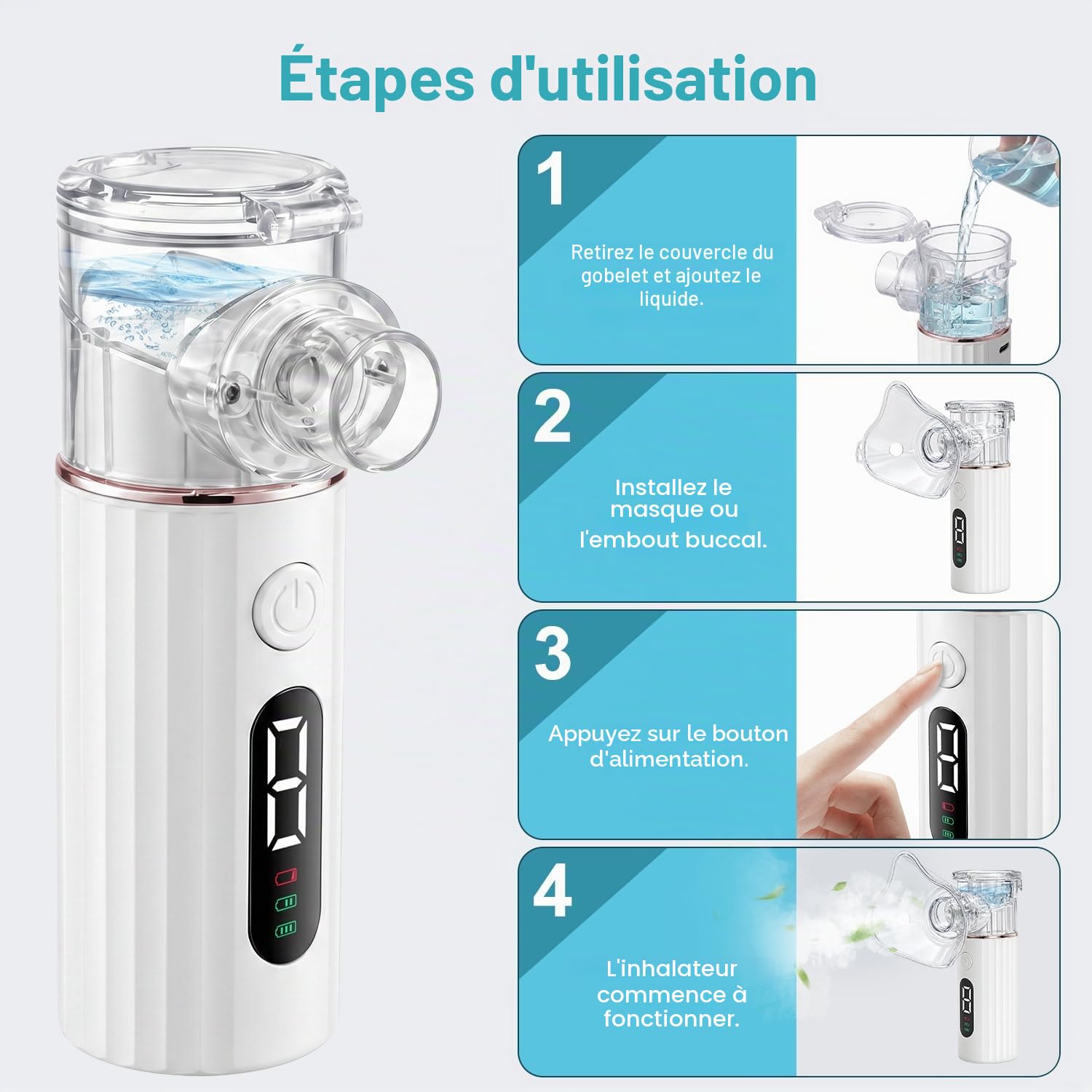 Nebulisateur Silent,Nebulisateur Portable USB-C Rechargeable pour Adultes et Enfants, Quantité de vapeur réglable，Nebulisateur à Ultrasons Avec 2 Masques et un Embout Buccal