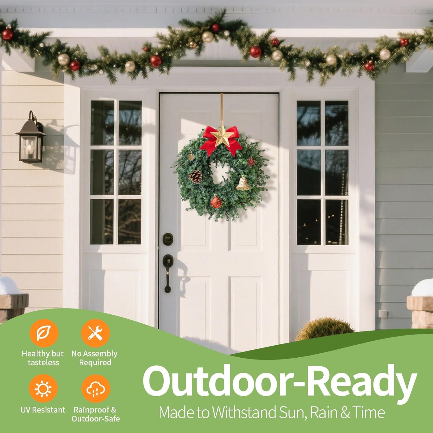 Outdoor Christmas Wreath – 24 Inch Artificial Cedar Wreath with Full Norfolk Pine Green Tips, Lush Wreath for Front Door, Walls, Windows, Porch, Farmhouse, Indoor Outdoor Holiday Decor - Image 2