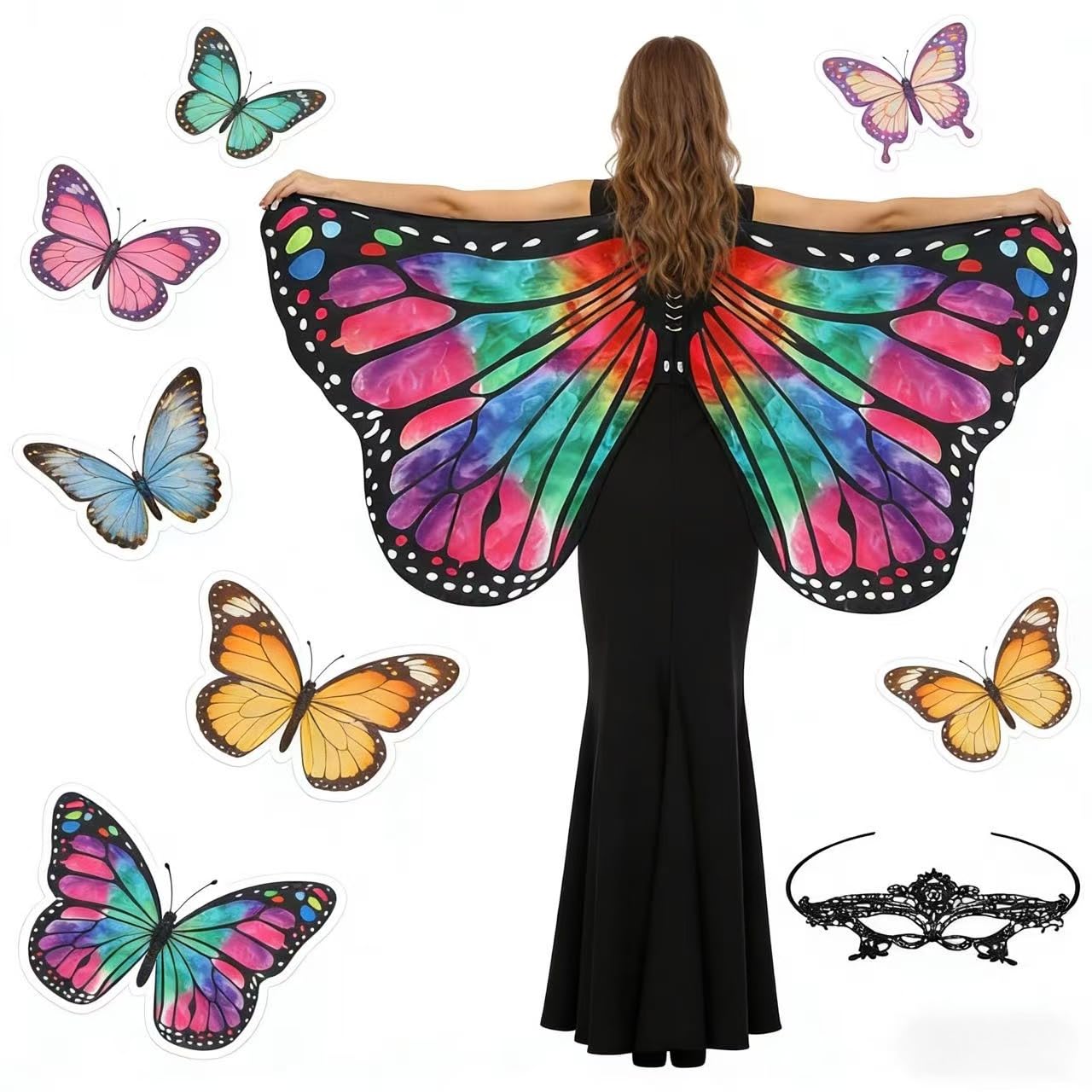 Plliocse Womens Butterfly Wings Costume, Adult Fairy Wings with Black Lace Eye Mask,Butterfly Wings Shawl Perfect for Christmas Halloween Party (Gradient Rose Red Green)