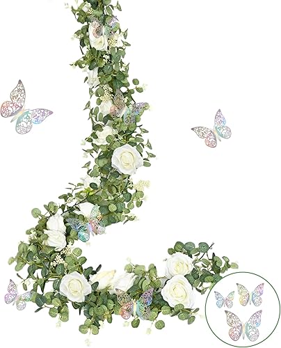 Miniatura 7 de Yastouay Guirnalda de flores blancas más completas de 6.4 pies con mariposa, guirnalda de eucalipto artificial con flores, vid de rosa falsa para