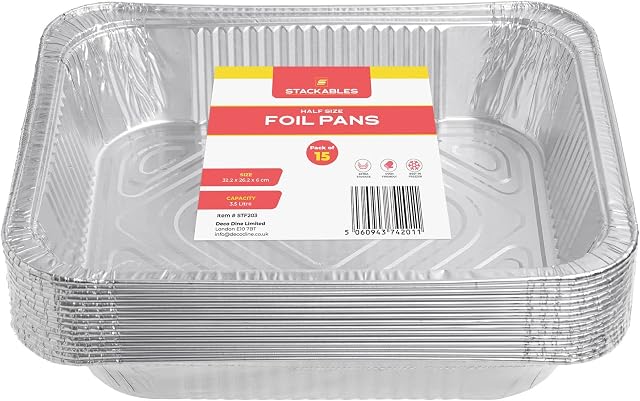 STACKABLES Large Disposable Aluminium Foil Trays ~ 15 Pack Half Size Foil Aluminium Pans 32 x 26 cm ~ 3.5 Litre Trays Containers Set ~ Heavy Duty Disposable Foil Pan Set