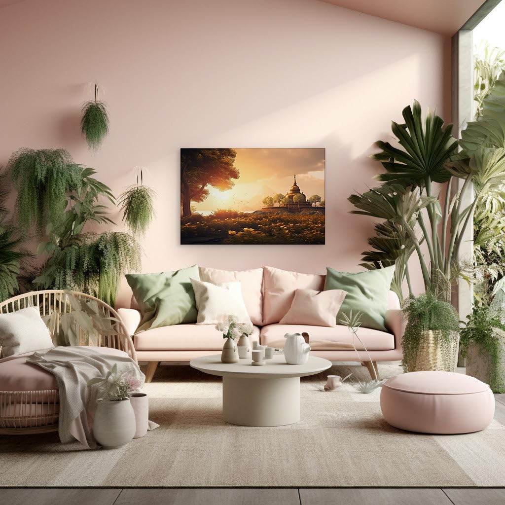 Canvas for Living room. Serene Twilight at the Golden Shrine: A Digital Painting of Tranquility and Nature, 27 x 18 inch Canvas Wall Art - Contemporary Masterpieces - Modern Home Decor