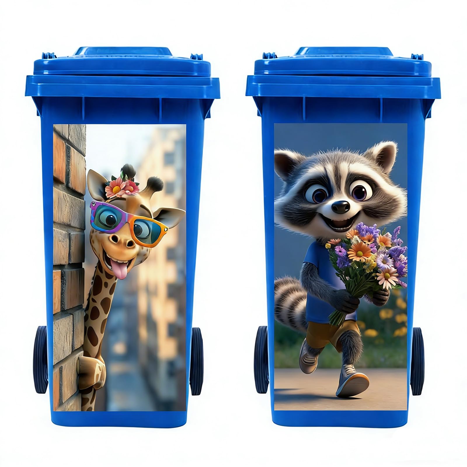 peacoblue Wheelie Bin Stickers 2 Sheets Giraffe and Raccoon Sticky Dustbin Stickers Decals, 15in x 32in Waterproof Large Wraps for Bins, Fridge, Wall Outdoor Indoor Patio Decor, Home Decoration