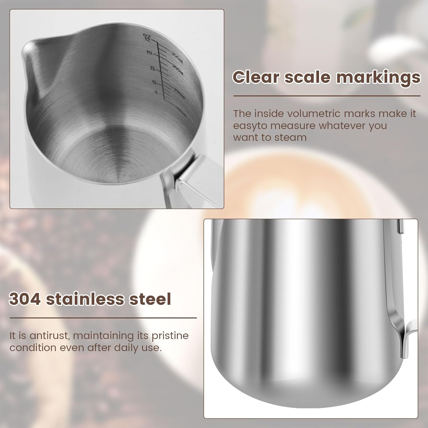 4PCS Milk Frothing Pitcher 12oz (350ml), Stainless Steel Steaming Pitchers Set, Espresso Coffee Jug for Latte Art Cappuccino, Barista Milk Cup with Decorating Pen