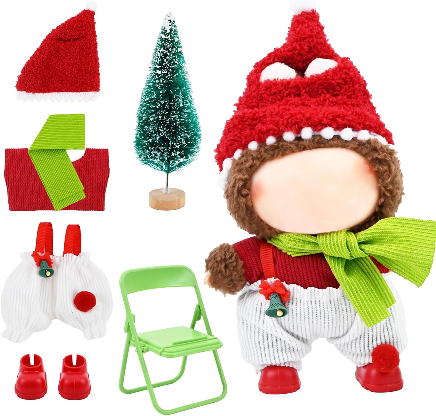 7PCS Clothes Set and Accessories Compatible with Labubu 15cm/17cm Dolls,Including Mini Hat Overalls Shoes Headphones Glasses Folding Chairs Camping Lantern for Doll Decoration(No Dolls)