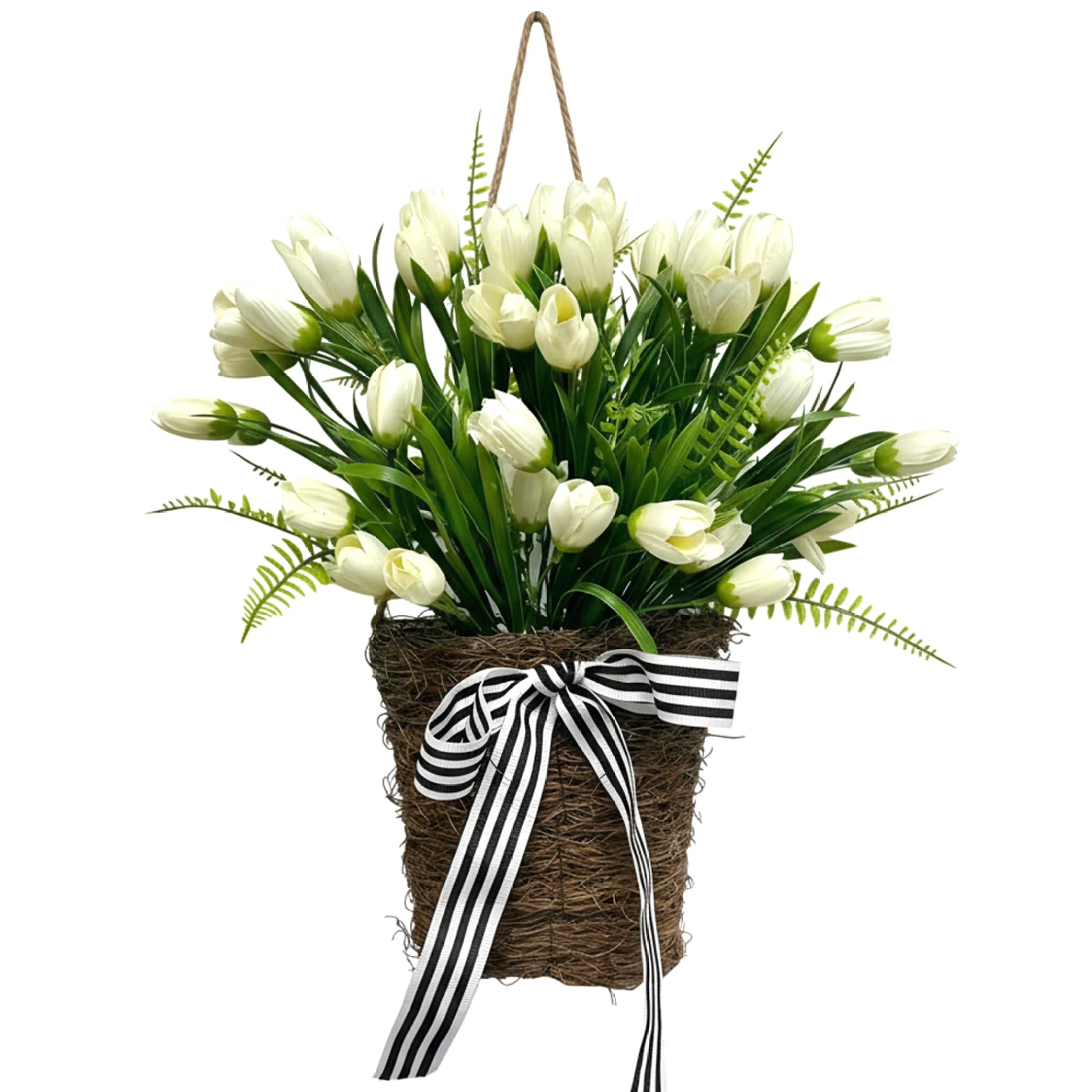 Tsawntd Hanging Planters Baskets, Basket Wreaths for Front Door, 18 Inch Artificial Tulips Door Hanger with Bow, Farmhouse Spring Home Decor, White