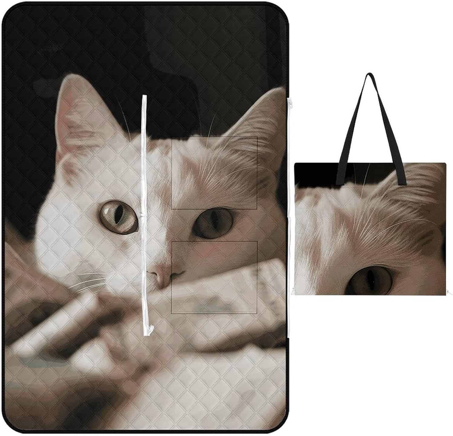 White Cat and Pile of Dollars Picnic Blanket 200x200cm, Foldable 2-in-1 Picnic Mat and Tote Bag Portable Waterproof Beach Mat Sandproof Outdoor Blanket for Park, Hiking, Beach, Camping, Travel