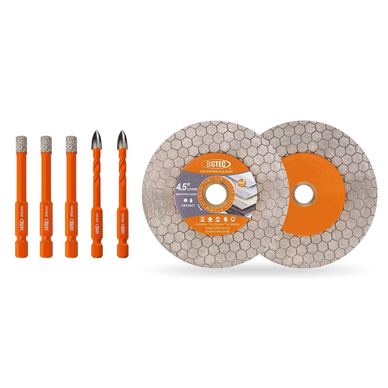 BGTEC Dry Diamond Drill Bits Set - 1/4" 6mm 3pcs Tile Cutter Hole Saw and 1/4" 6mm 2pcs Carbide Tip Drill Bits and Diamond Saw Blades, 4.5"/115mm Cut-Off Wheel