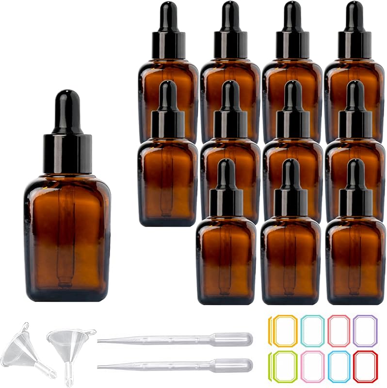 12Pcs 1 oz Square Glass Dropper Bottles for Essential Oils, 30ml Amber Glass Bottles with Eye Droppers,tincture bottles,Travel Bottles for Essential Oils, Liquids,Perfume (Amber -Black cap)