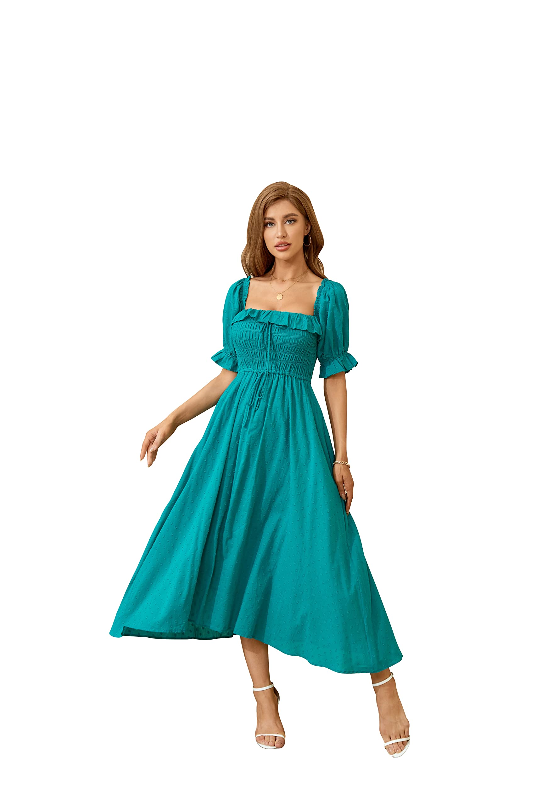 R.YIposha Women Vintage Elastic Square Neck Ruffled Half Sleeve Summer Backless Beach Flowy Maxi Dresses