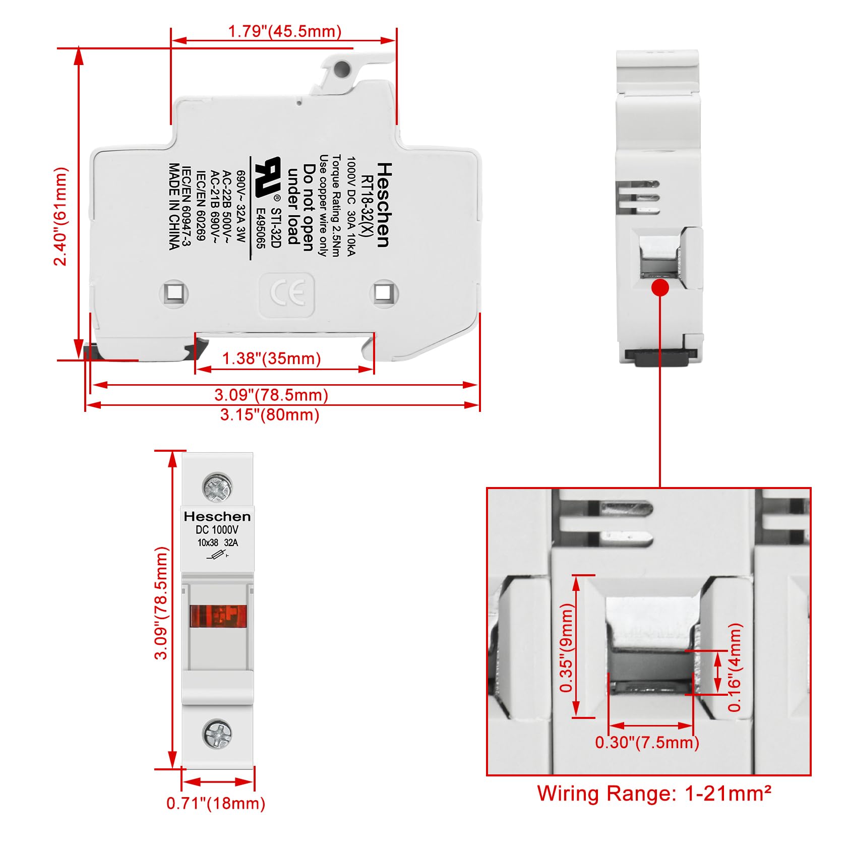 Uxcell RT18-32X AC 380V 32A 1 Pole 10x38mm DIN Rail Mount Fuse Holder Base