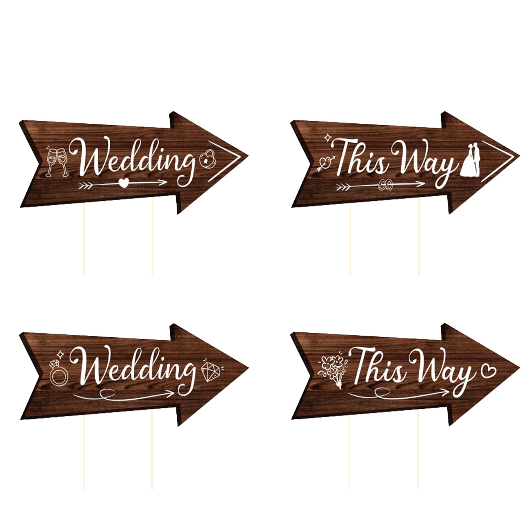 Wasise Wedding This Way Sign - 4PCS Directional Road Signs, Double-Side Printed Wood-Effect Directional Wedding Signs for Ceremony Reception, Outdoor Weddings Sign for Outside with Arrows Icons