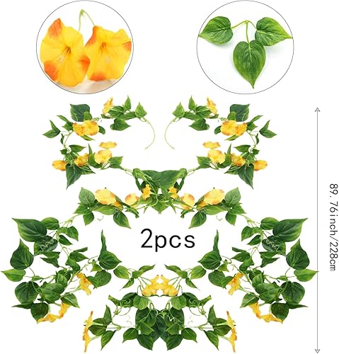 Miniatura 8 de FERIAL Vines artificiales para decoración con flores, 2 piezas de plantas colgantes, guirnalda de seda blanca de gloria de la mañana, plantas