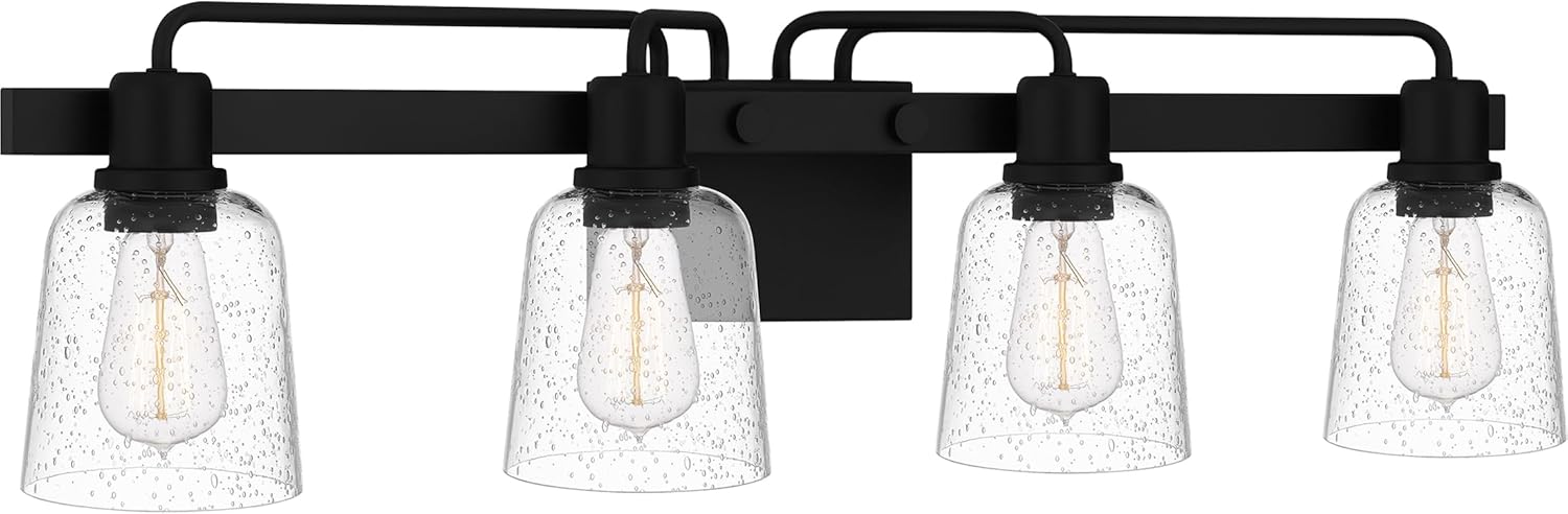 Quoizel Lydia Bath Vanity Lights, 34 Inch 4-Light Matte Black Lighting Fixtures Over Mirror, Clear Seedy Glass, Transitional Modern Wall Mount Light for Bathroom, Dresser or Sink