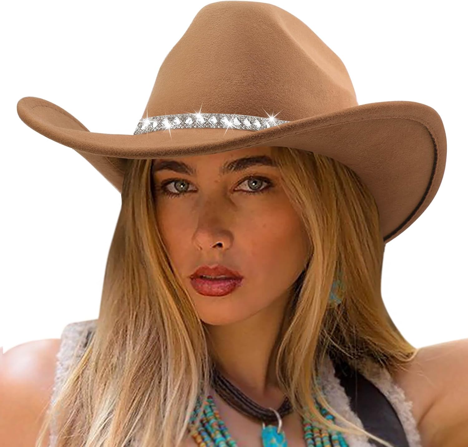 DRESHOW Western Cowboy Hat for Women and Men Wide Brim Glitter Cowboy Cowgirl Hat with Rhinestone Felt Fedora Hats - Image 8