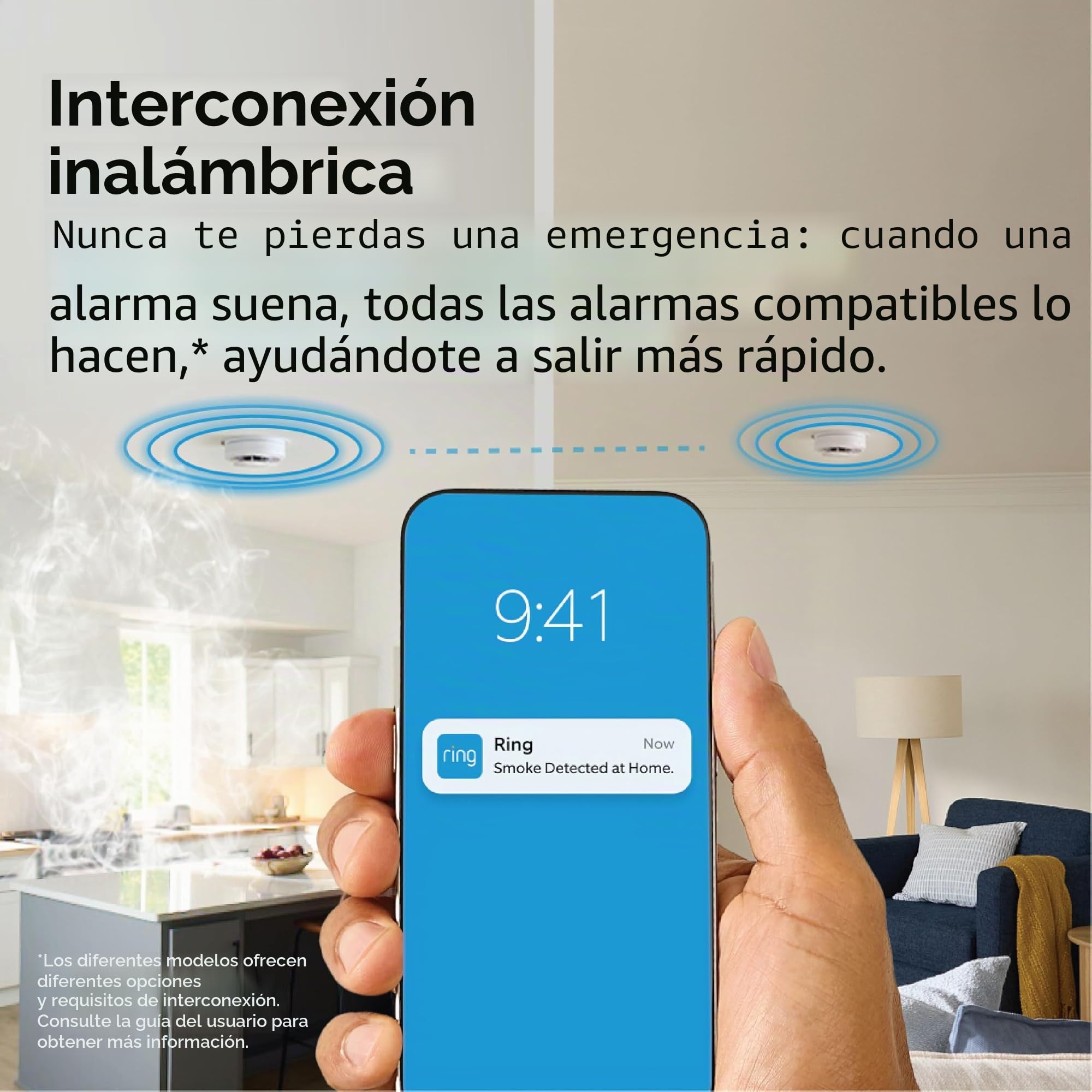 Kidde Detector de Humo Inteligente, aplicación Ring habilitada para notificaciones en Tiempo Real, interconectividad inalámbrica, Pilas AA
