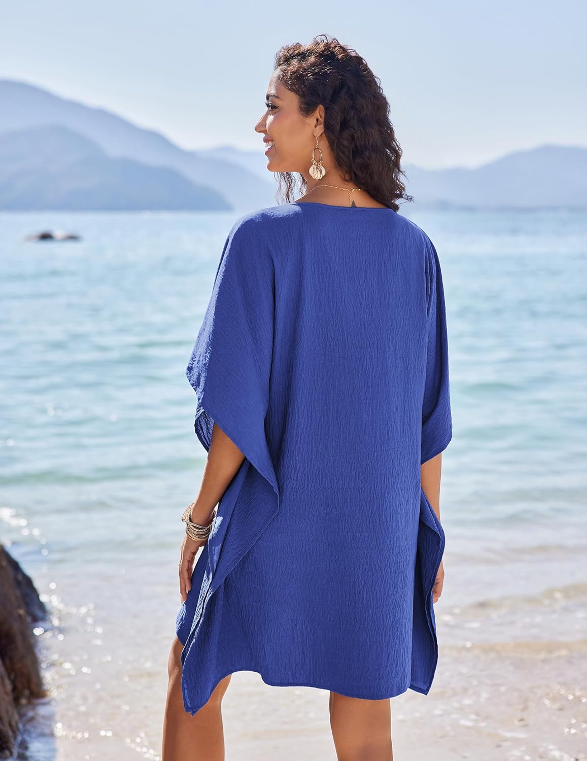 AI'MAGE Womens Swimsuit Cover Up Button Down Bathing Suit Coverups 3/4 Sleeve Beachwear Oversized Bikini Shirt Dresses S-XXL - Image 2