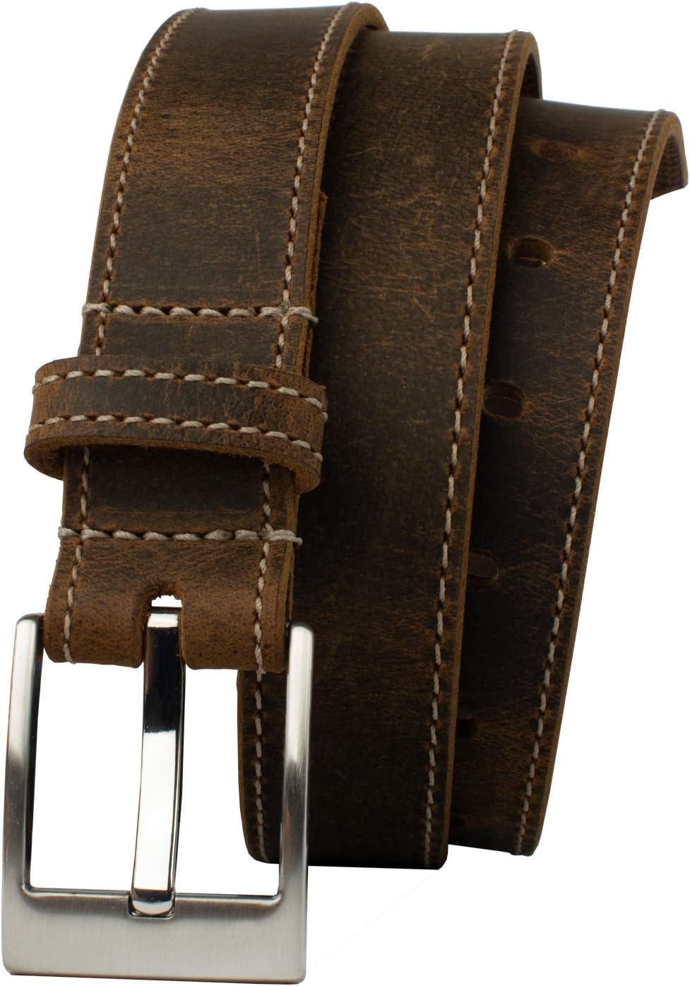Caraway Mountain Distressed Brown Leather Belt - USA Made Genuine Full Grain Leather Certified Nickel Free Buckle