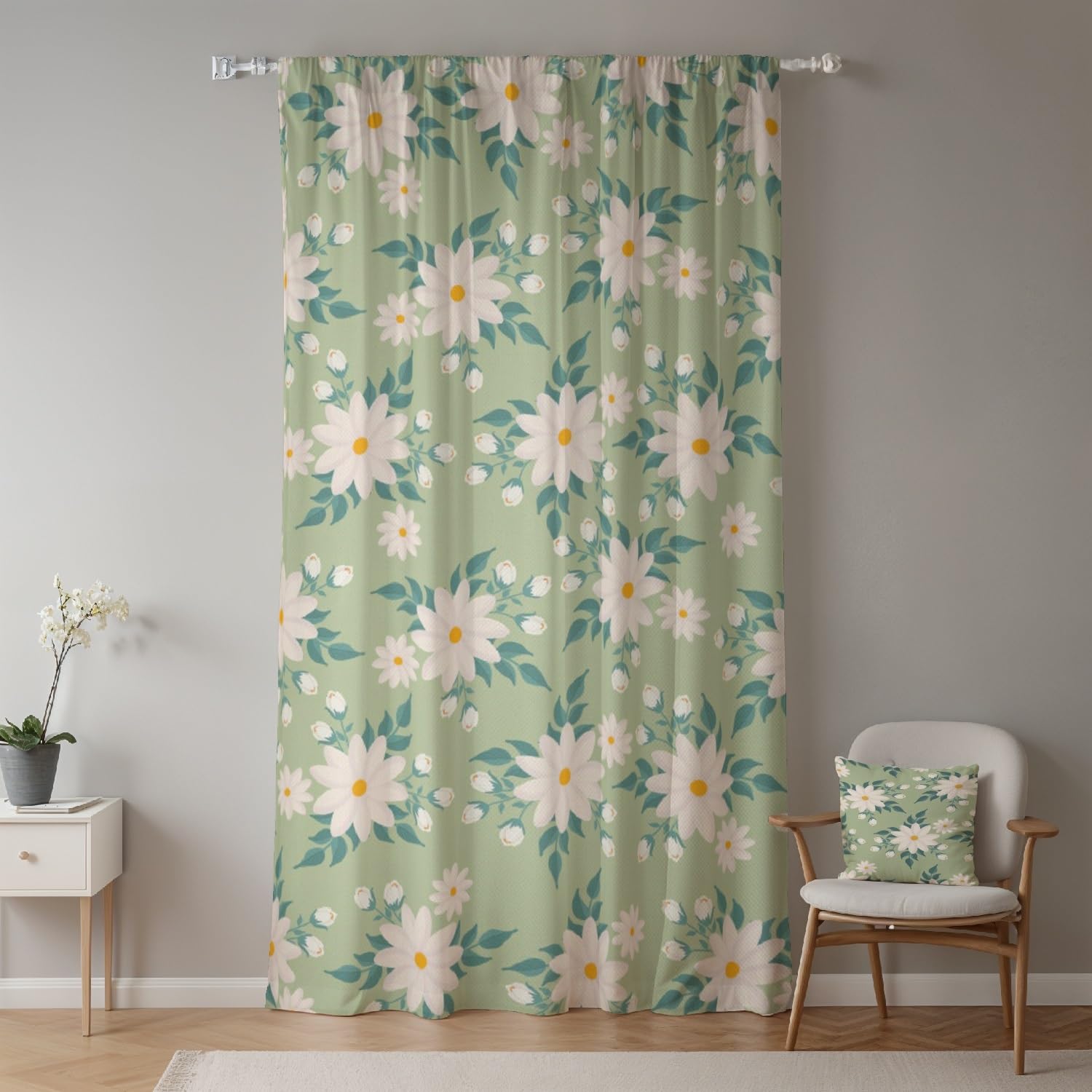 ggaimwf Spring Flower Curtain Green White Floral Botanical Curtain Farmhouse Country Style Window Panel Girl Bedroom Interior Outdoor Garden Front Door Curtains Tape Top 107x160cm 1 Panel - Image 2