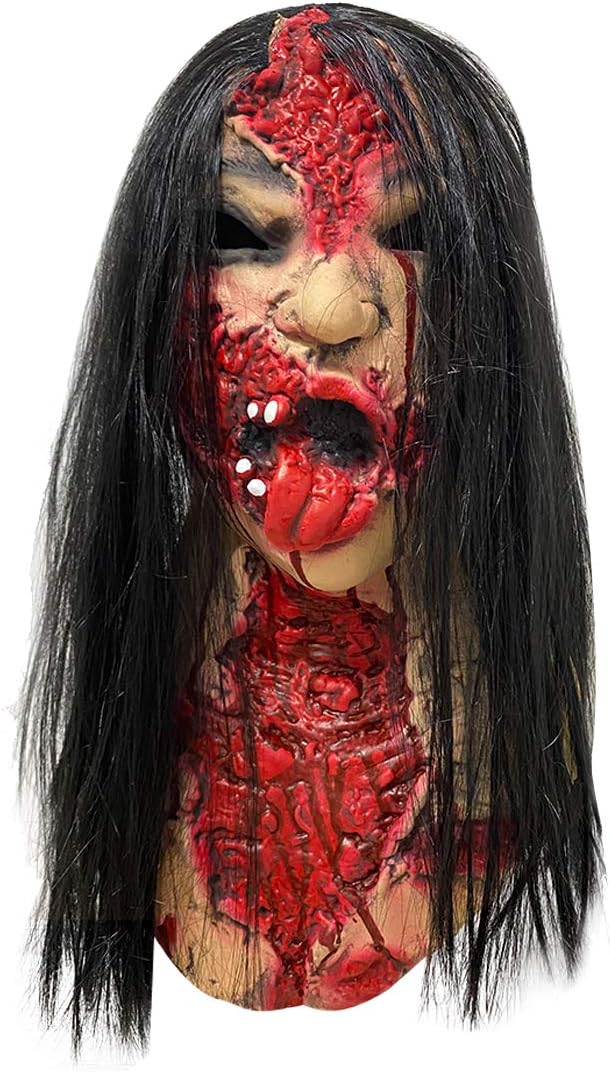Scary Female Ghost Mask Halloween Realistic Bloody Zombie Mask with Wigs Creepy Crying Expression for Adults Cosplay