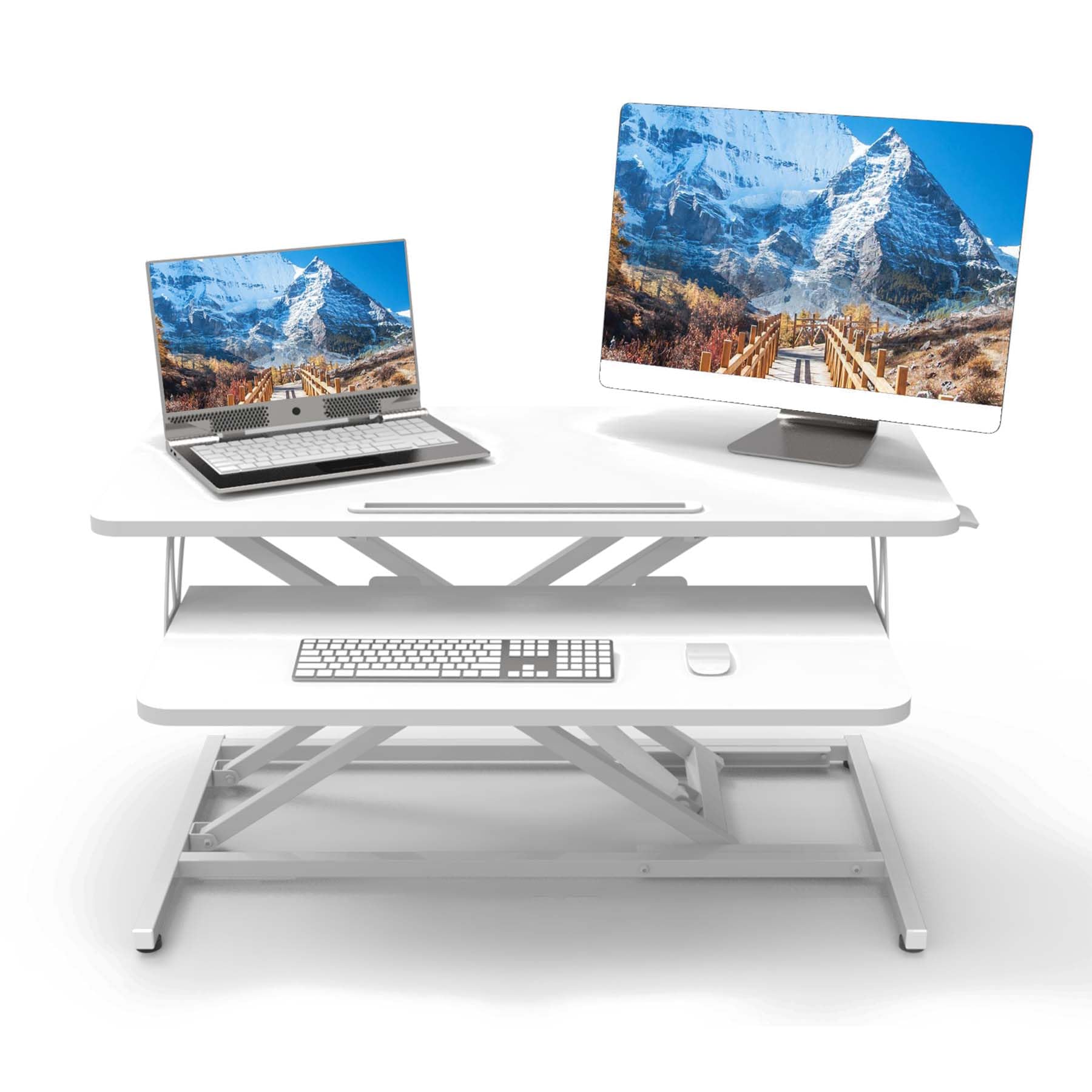 ERGOMAKER Height Adjustable Standing Desk Converter - 81cm (32 Inch) Wide Platform Tabletop Workstation - Quick Sit to Stand Desk Riser for Dual Monitors White