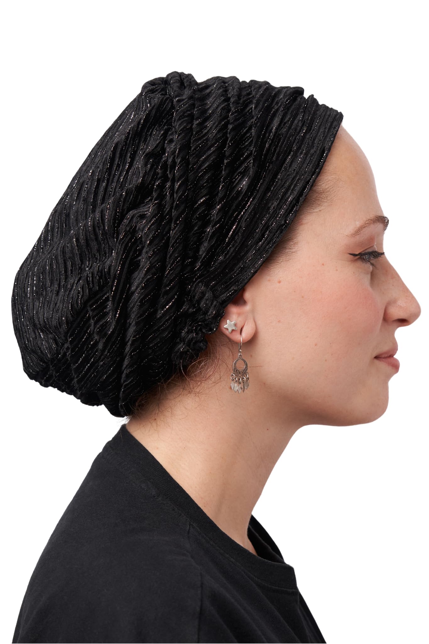 Women's Black Ermandina Jewish Head Covering For Velvet Beret Tichel Snood Headcovering, One Size