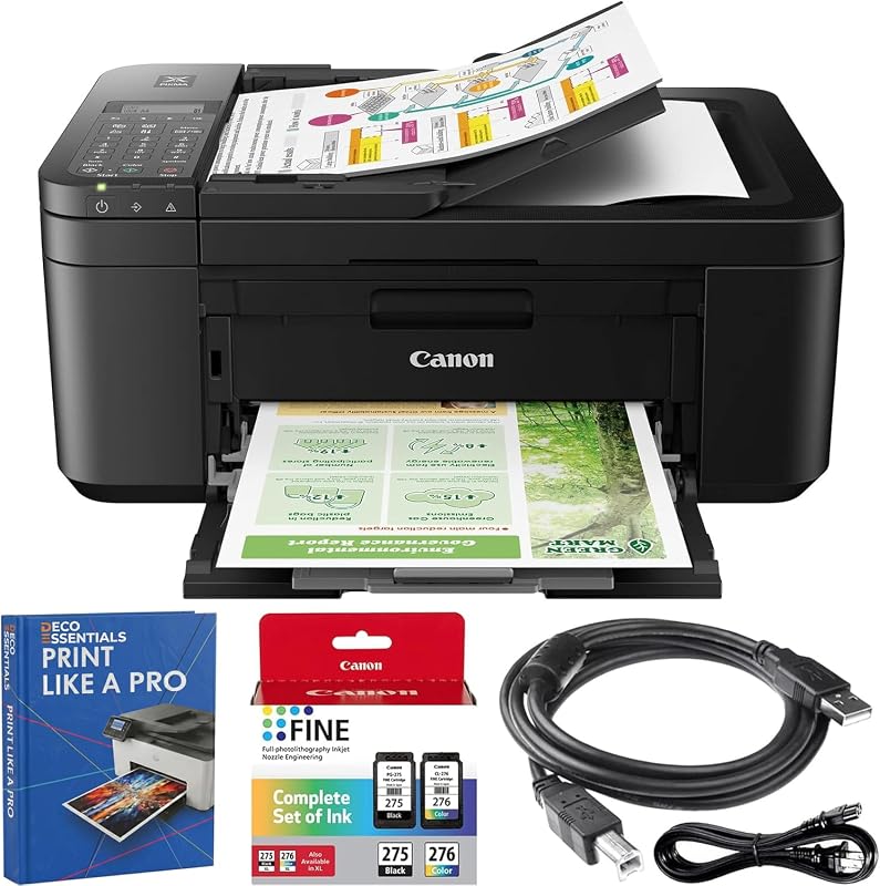 PIXMA TR4720 Impresora inalámbrica todo en uno con alimentador automático de documentos, impresión celular, copia, fax y escáner negro 5074C002 Paquete con cable de conexión USB DGE + impresión como un kit de guía profesional