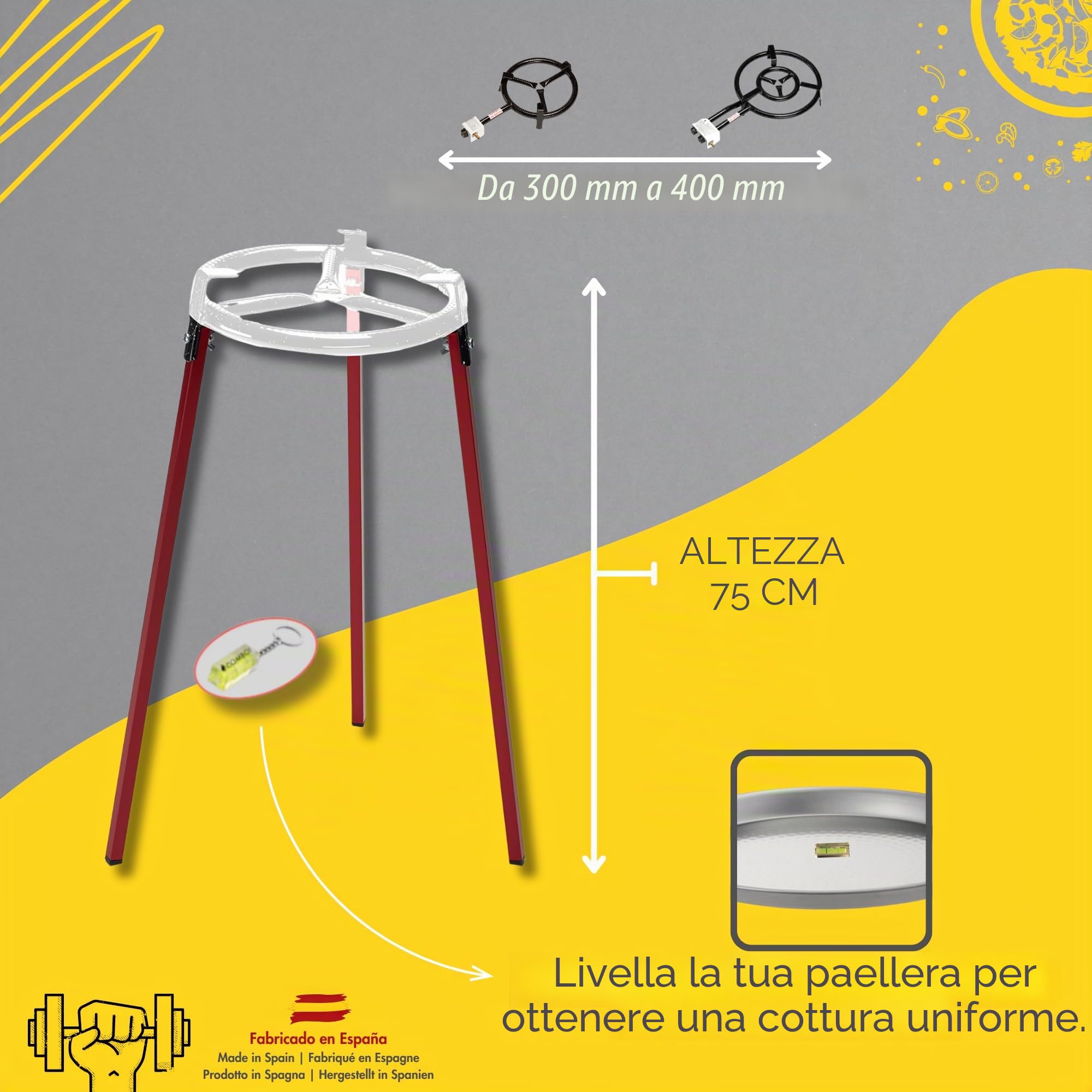 COMBOI Paellero gas butano kit bruciatore 30 cm, paellera 42 cm, supporto a 3 gambe, livello, grembiule, ricettario digitale