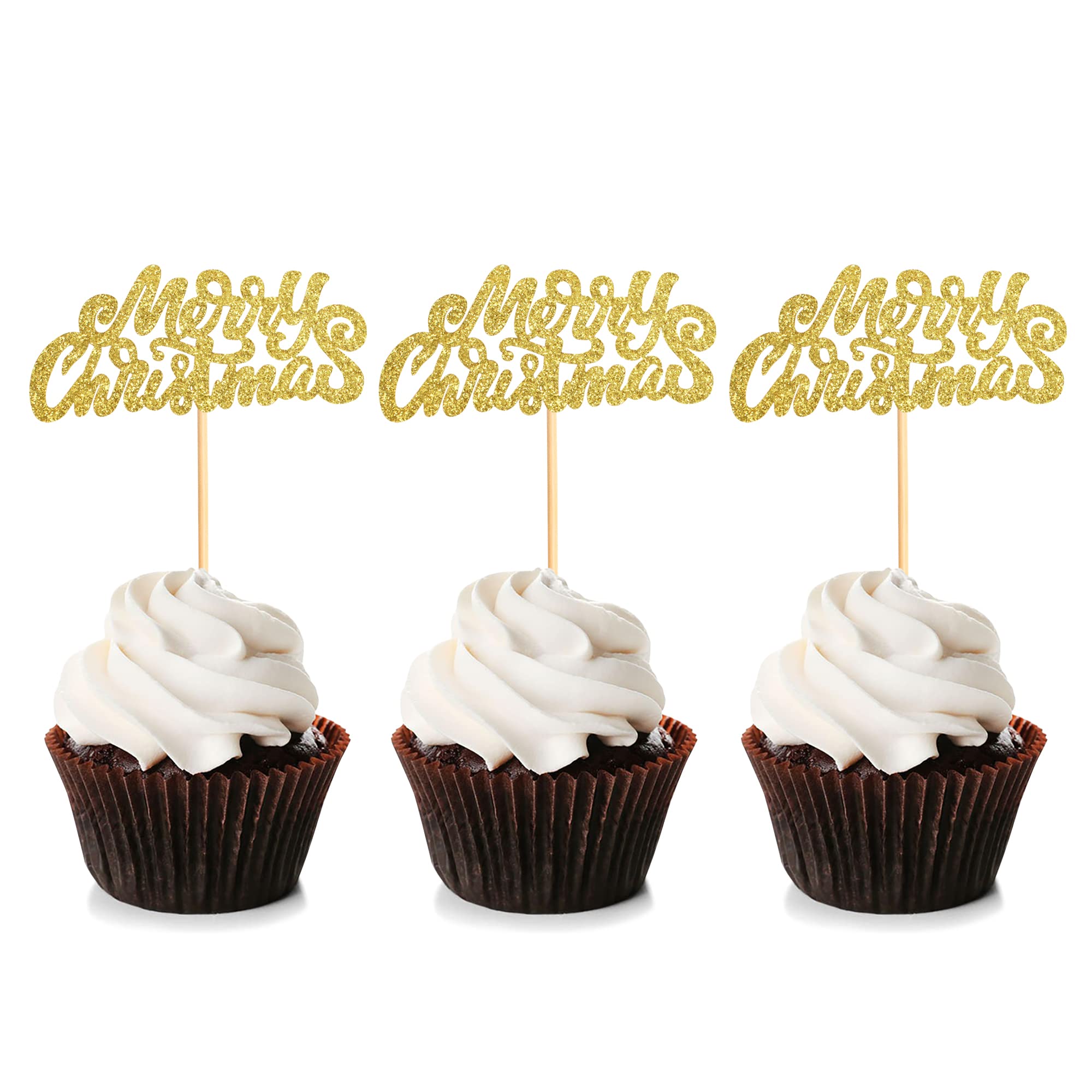 Blumomon 24Pcs Merry Christmas Cupcake Toppers Gold Glitter Xmas Cupcake Pick Decorations for Xmas Party New Year Ceremony Cake Cupcake Decor Party Supplies