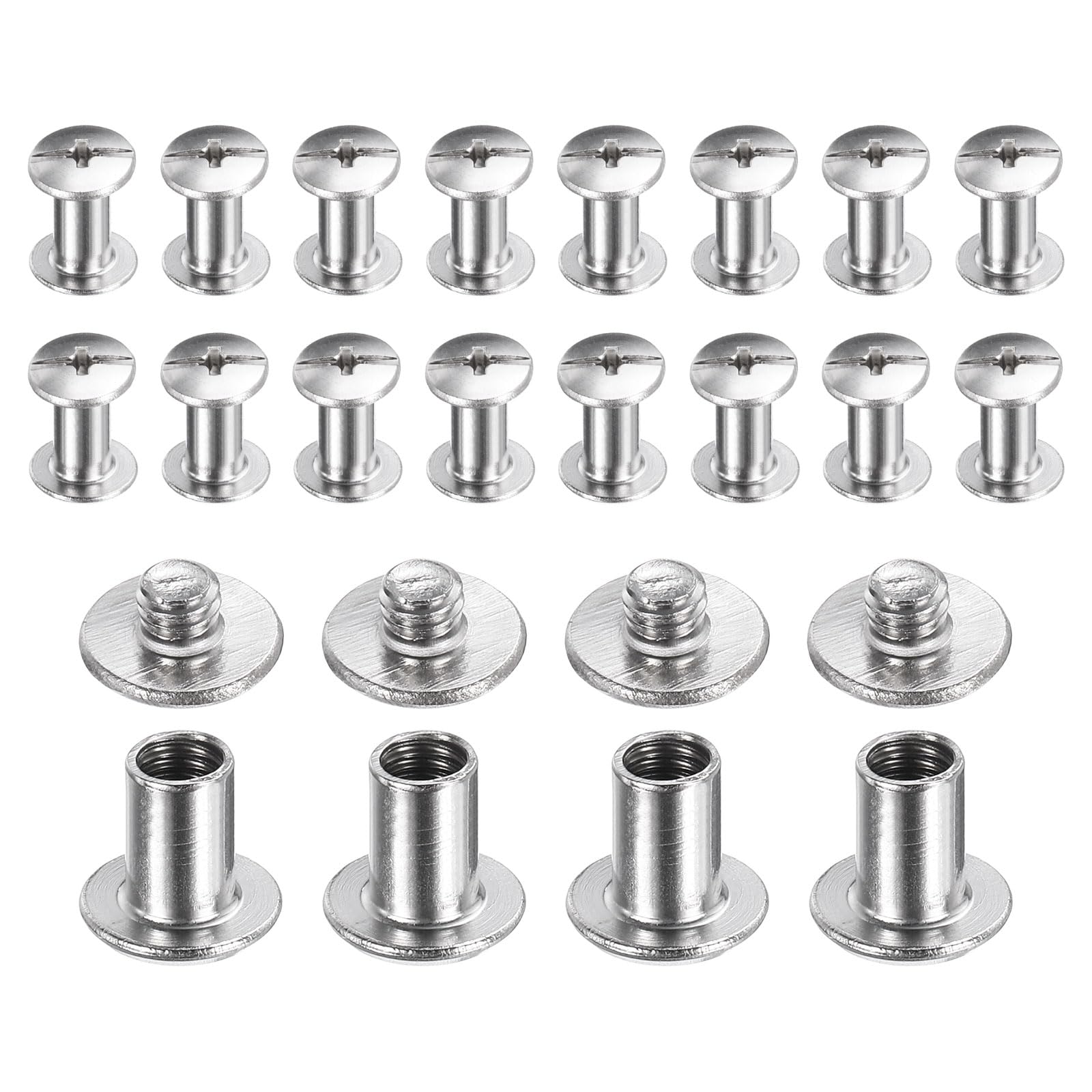 sourcing map 20set Chicago Screw M4x8mm 3mm Length Metal Phillips Nail Rivet Stud Bolts Rivets Binding Post Screw for DIY Leather Belt Bag Craft Bookbinding, Silver