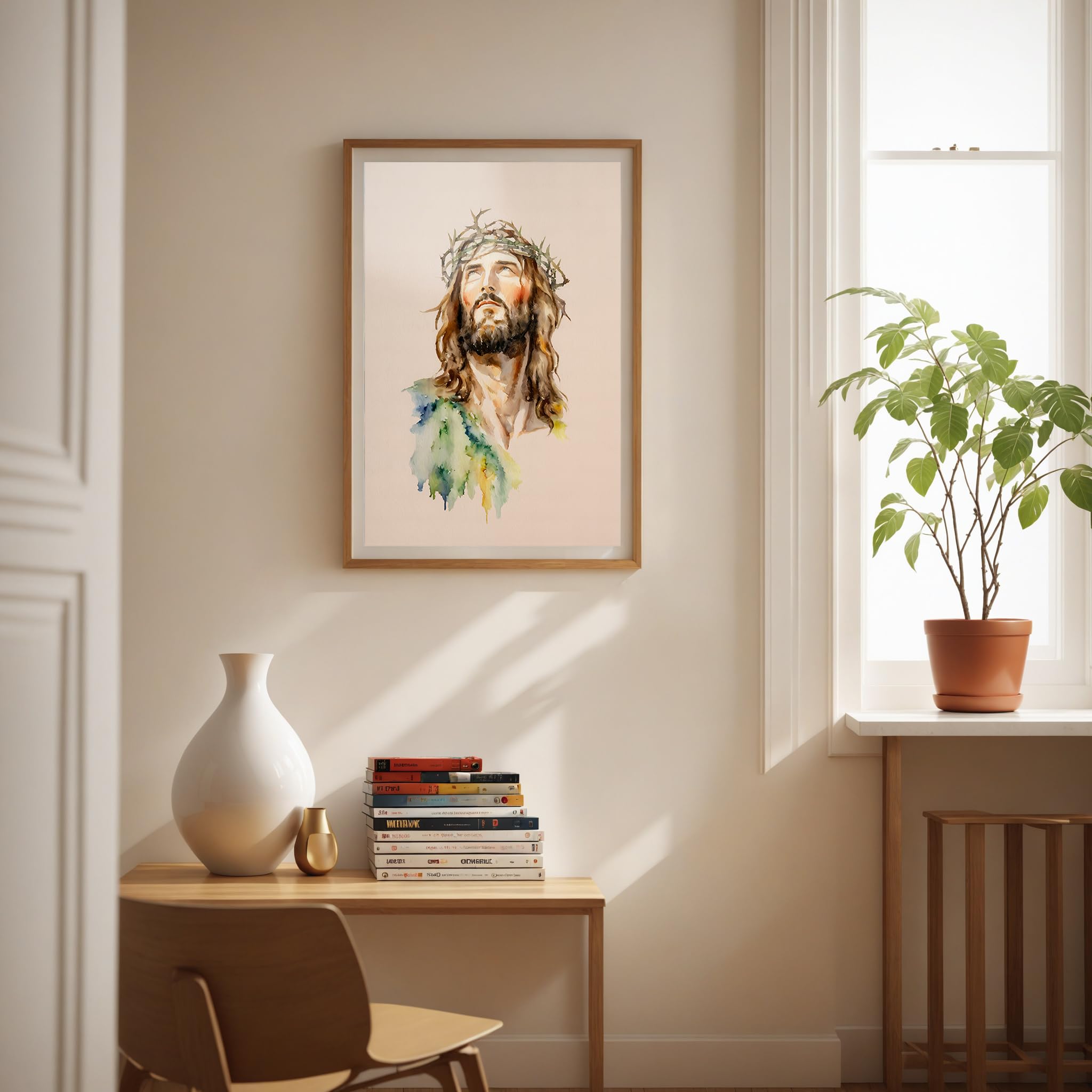 Stampa Su Tela Cristianesimo Acquerello - Quadro Moderno Con Preghiera - 30x38 Cm Incorniciato