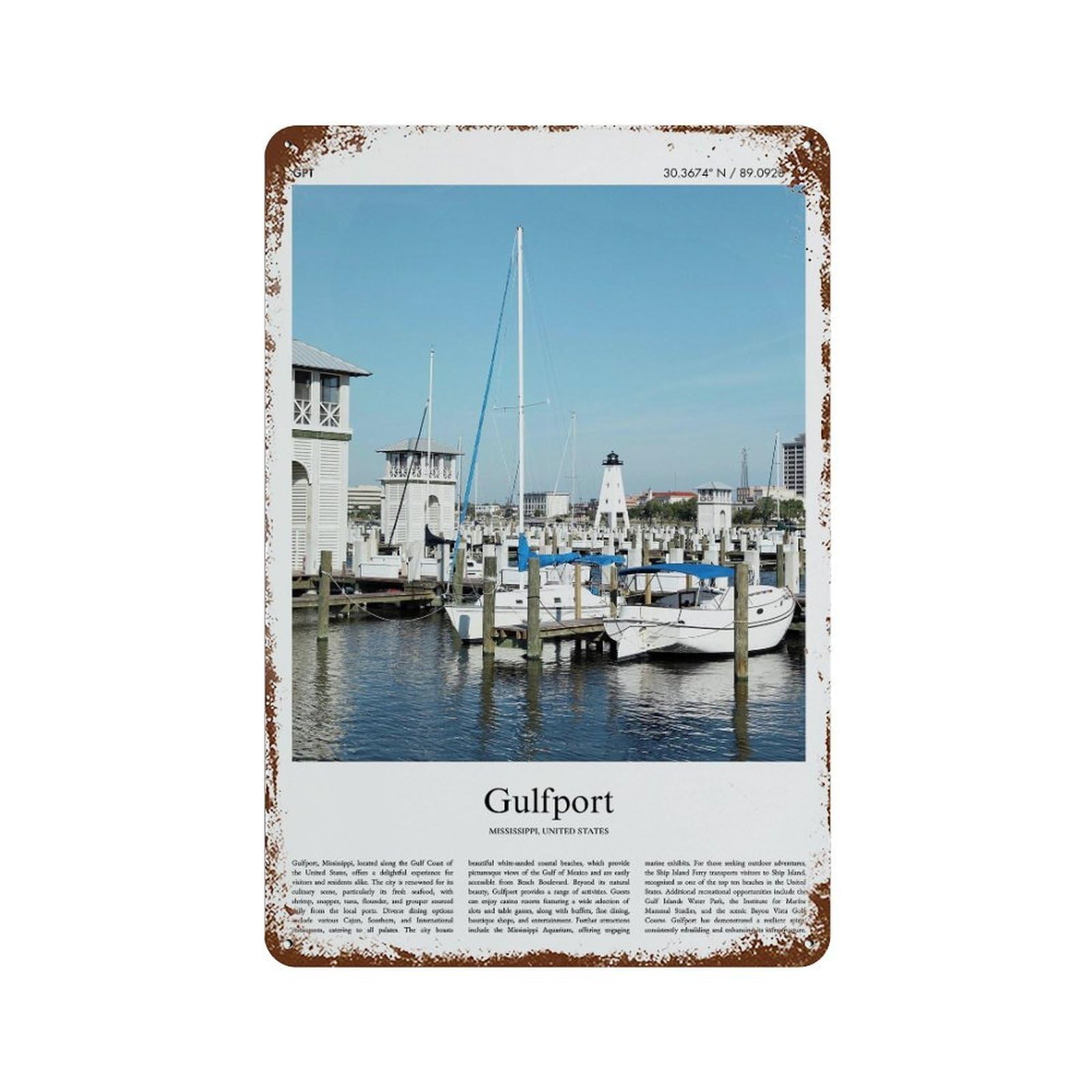 xiaoxiaoshen Gulfport Mississippi, United States, USA City Scenery Wall Decor Art Metal Tin Poster Modern Home Decor Art Home Bar Shop Decorations Vintage Sign 30x20cm