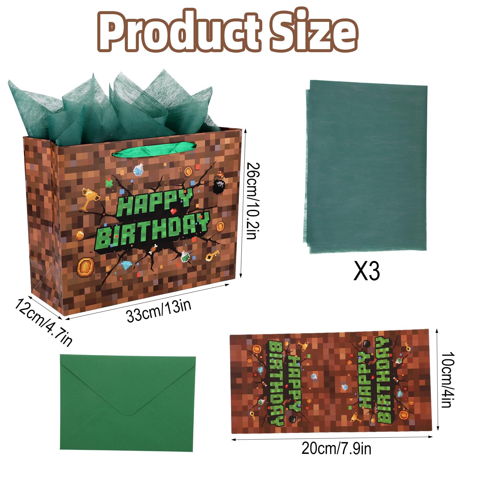Pixel Birthday Gift Bag, Video Game Theme Party Favor Bag with Greeting Card & Envelope for Birthday Holiday Decoration Party Supplies