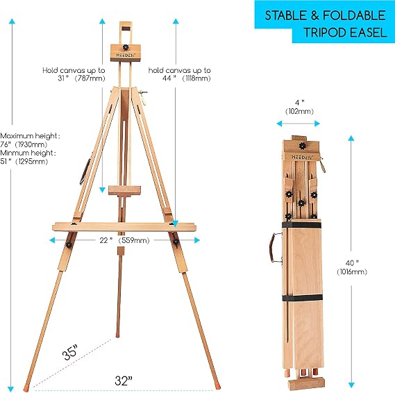MEEDEN Portable Easel for Painting: Solid Beech Wood Tripod Art Easel for Adults - Foldable Drawing Easel Stand with Carrying Bag Perfect for Indoor Outdoor Use, Holds Canvas up to 44