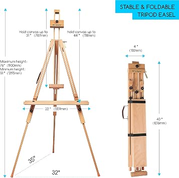 MEEDEN Portable Easel for Painting: Solid Beech Wood Tripod Art Easel for Adults - Foldable Drawing Easel Stand with Carrying Bag Perfect for Indoor Outdoor Use, Holds Canvas up to 44