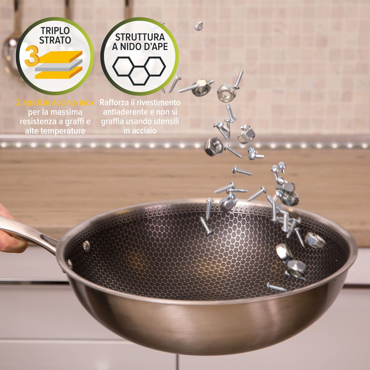 KASANOVA Wok antiaderente con rivestimento nido d'ape 28 cm Tri-ply, con coperchio in vetro
