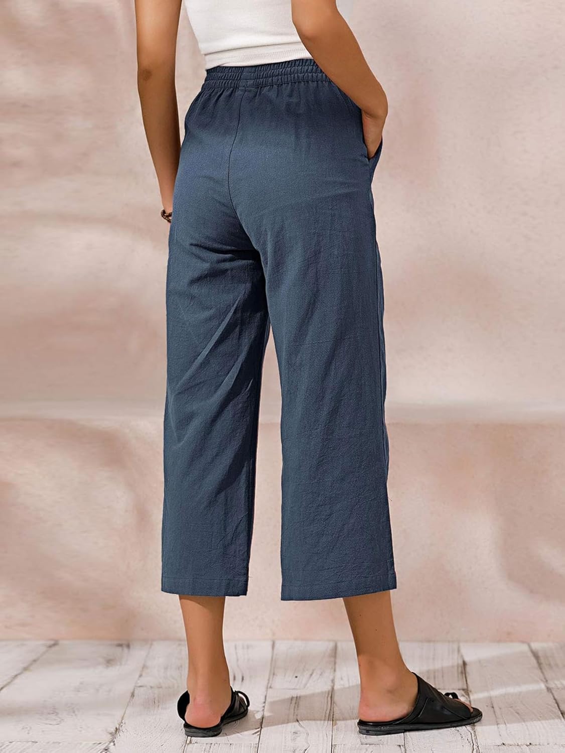 Womens Cotton Cropped Pants Loose Fit Wide Leg Capri Casual Plus Size Elastic Waist Trousers - Image 3