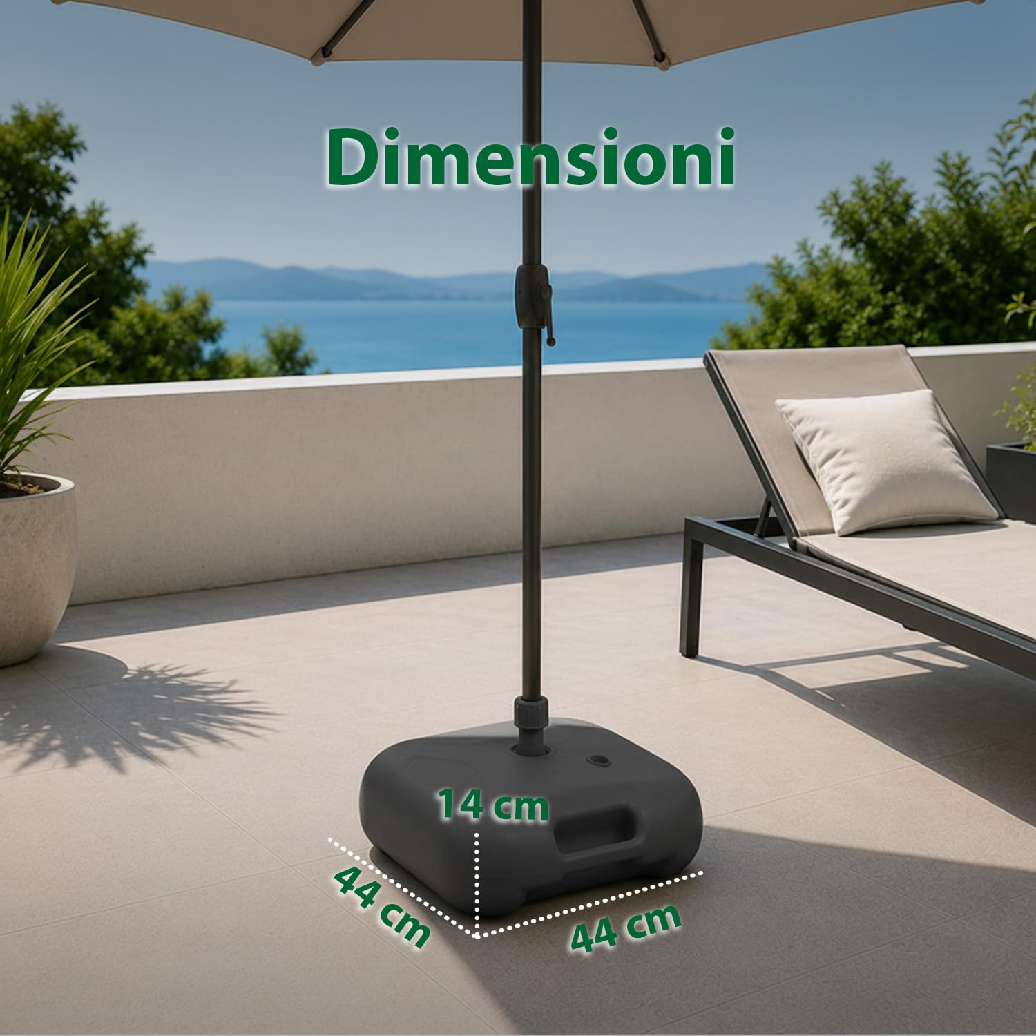 Avilia - Base per Ombrellone Riempibile 20L con Acqua o Sabbia – Supporto Ombrellone da Giardino, Terrazzo, Piscina, Spiaggia – Fusti 22-32 mm, Maniglia Ergonomica - L44xP44xA24 cm