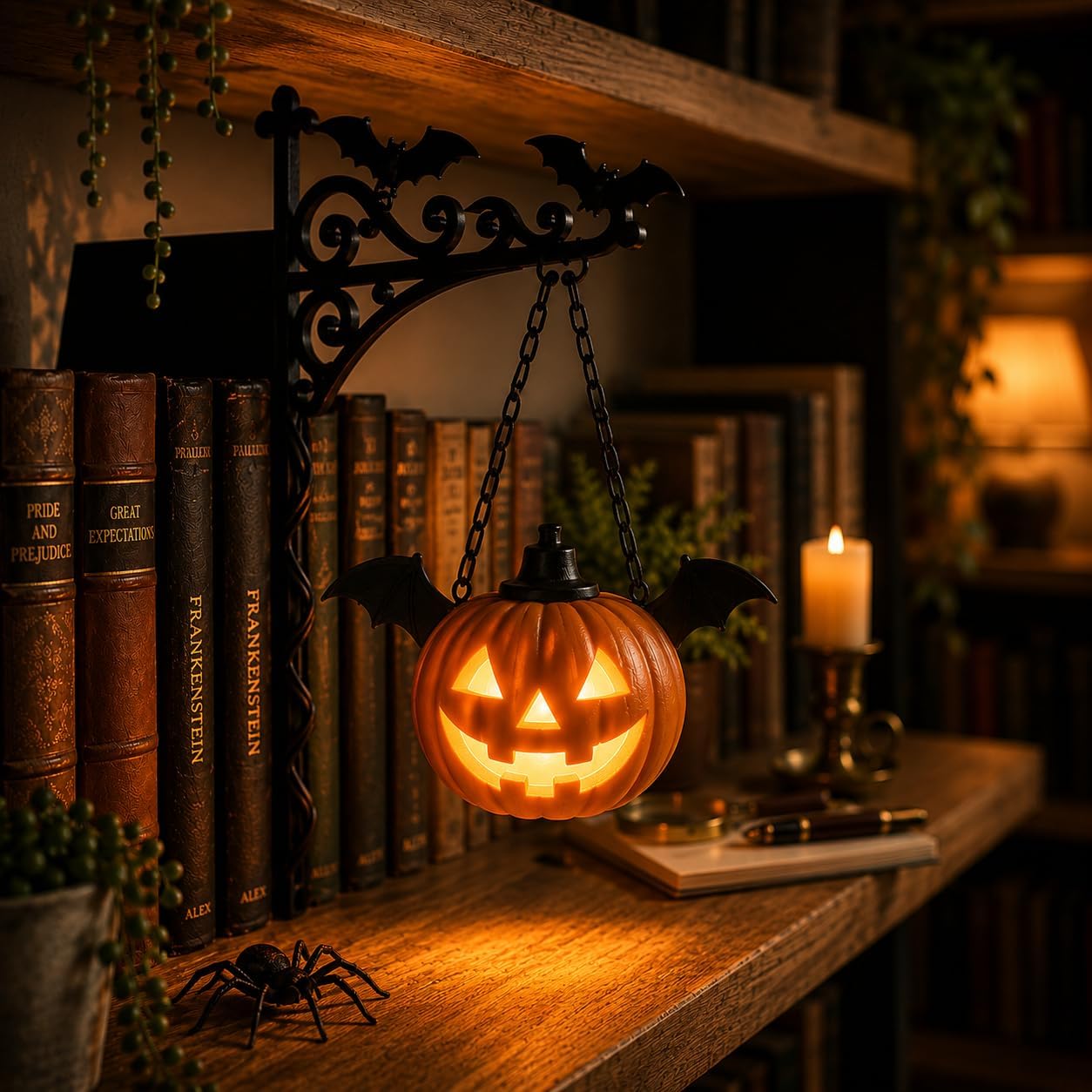 Library Lantern Mini Bookshelf Lamp with Warm Amber LED Lights，Pumpkin Lantern：2.36" D x 5.51" W x 7.68" H