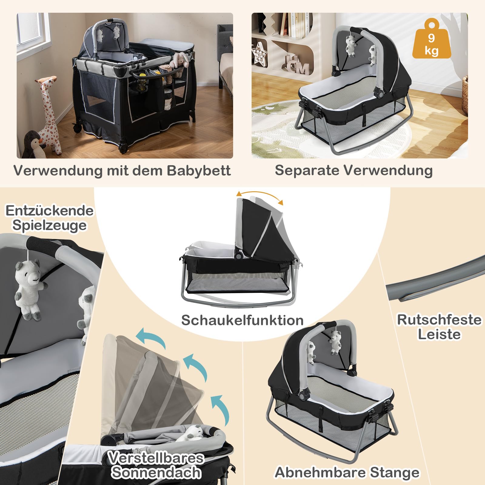 COSTWAY 6 in 1 Reisebett mit Matratze, mobile Babywiege mit verstellbarem Vordach, Babybett Beistellbett klappbar mit Wickelauflage, Spieluhr & Tragetasche für Baby bis 3 Jahre, 15 kg Belastbar (Grau)