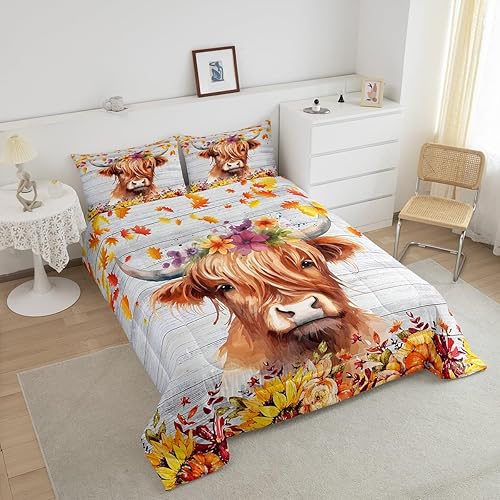 Miniatura 3 de Feelyou Juego de edredón de hojas de otoño, tamaño individual, juego de edredón de otoño de vaca de las tierras altas, edredón de temporada de