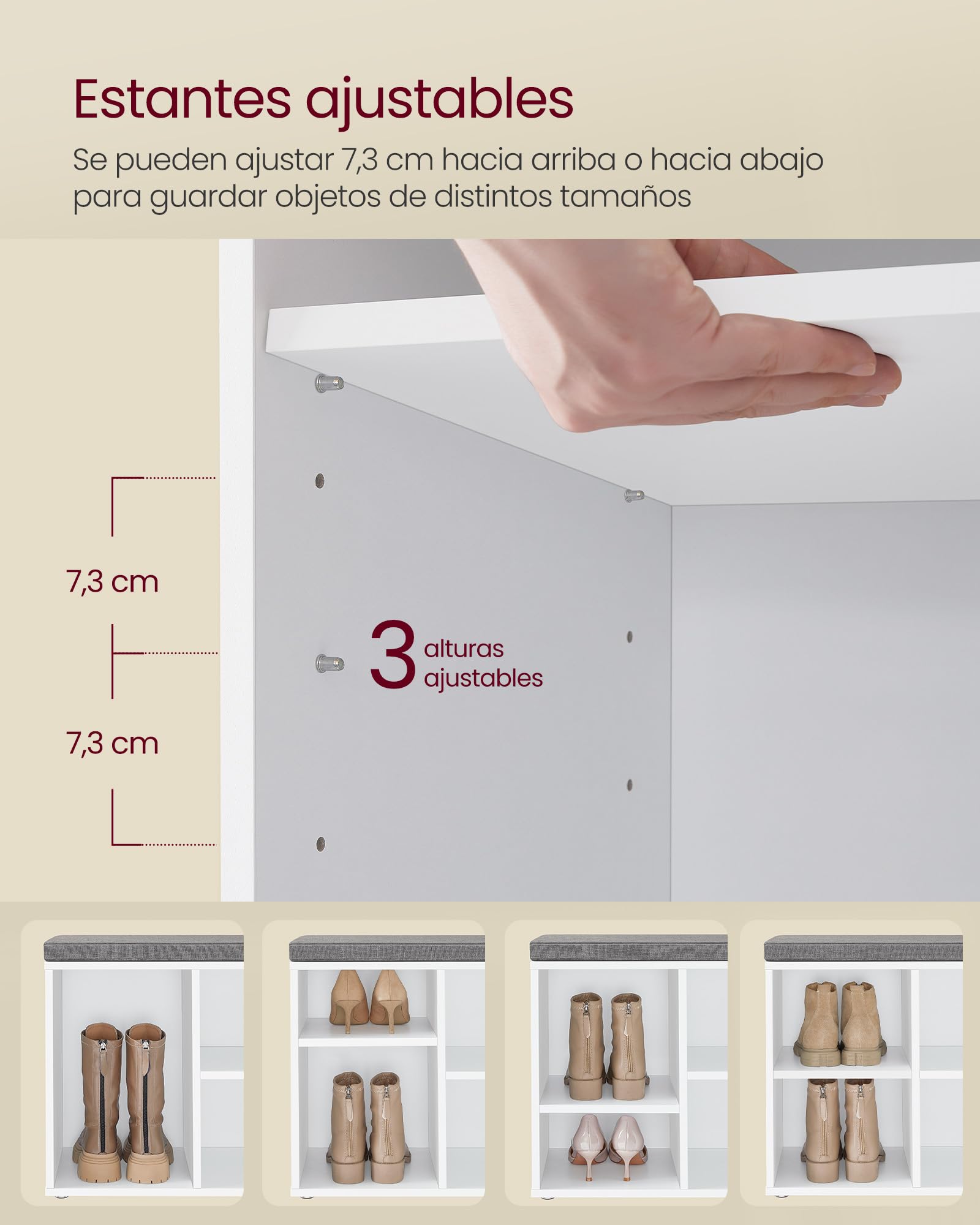 VASAGLE Banco Zapatero, Organizador Zapatero con 8 Compartimentos y 4 Estantes Ajustables, Asiento Acolchado, Compacto, para Entrada, Pasillo, Armario, Blanco Nube LHS238W14
