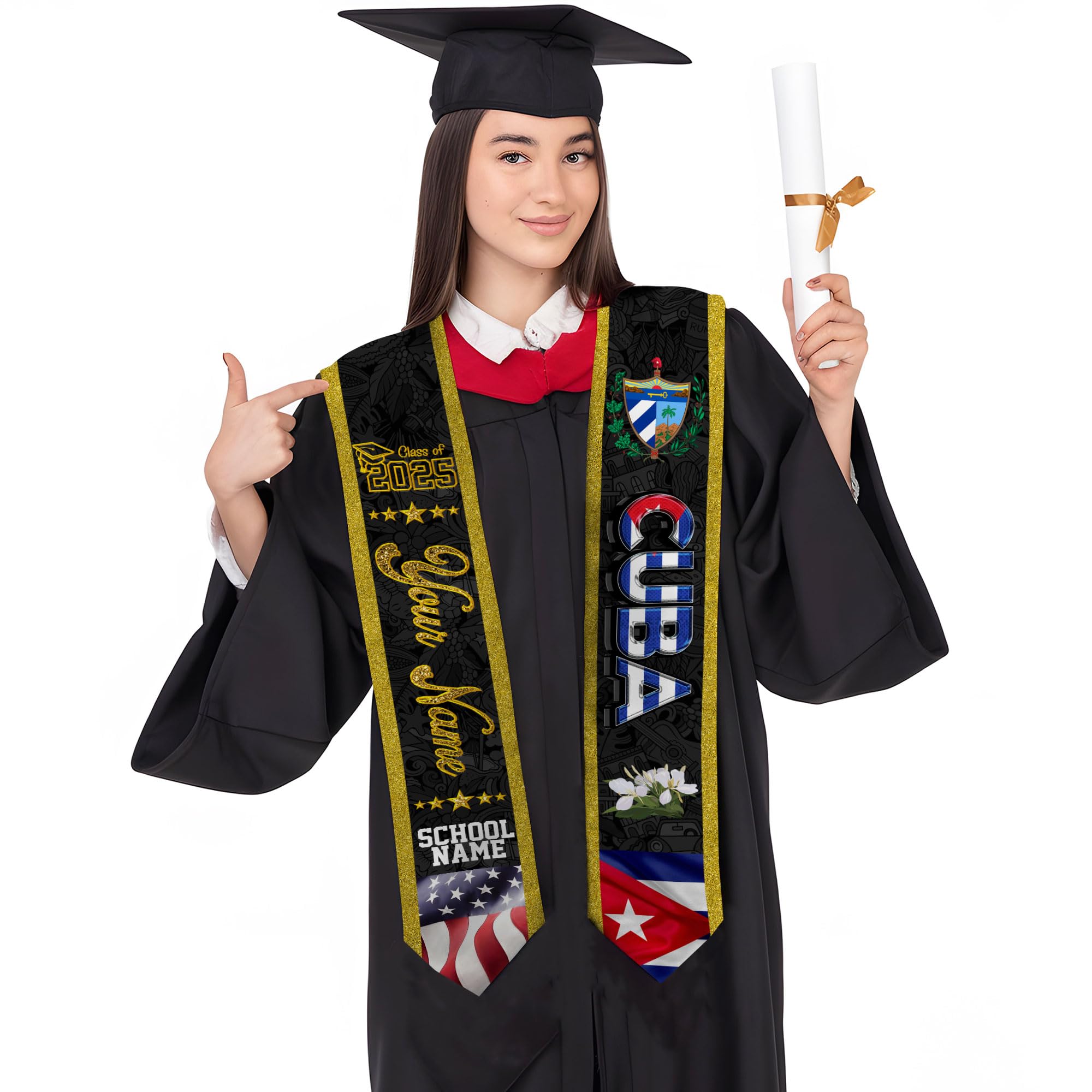 MonkeyVan Personalized Cuba Graduation Sash 2025, Custom Cuban American Flag Graduation Sash 2025, Cuban Flag Graduation Stole Cuba2