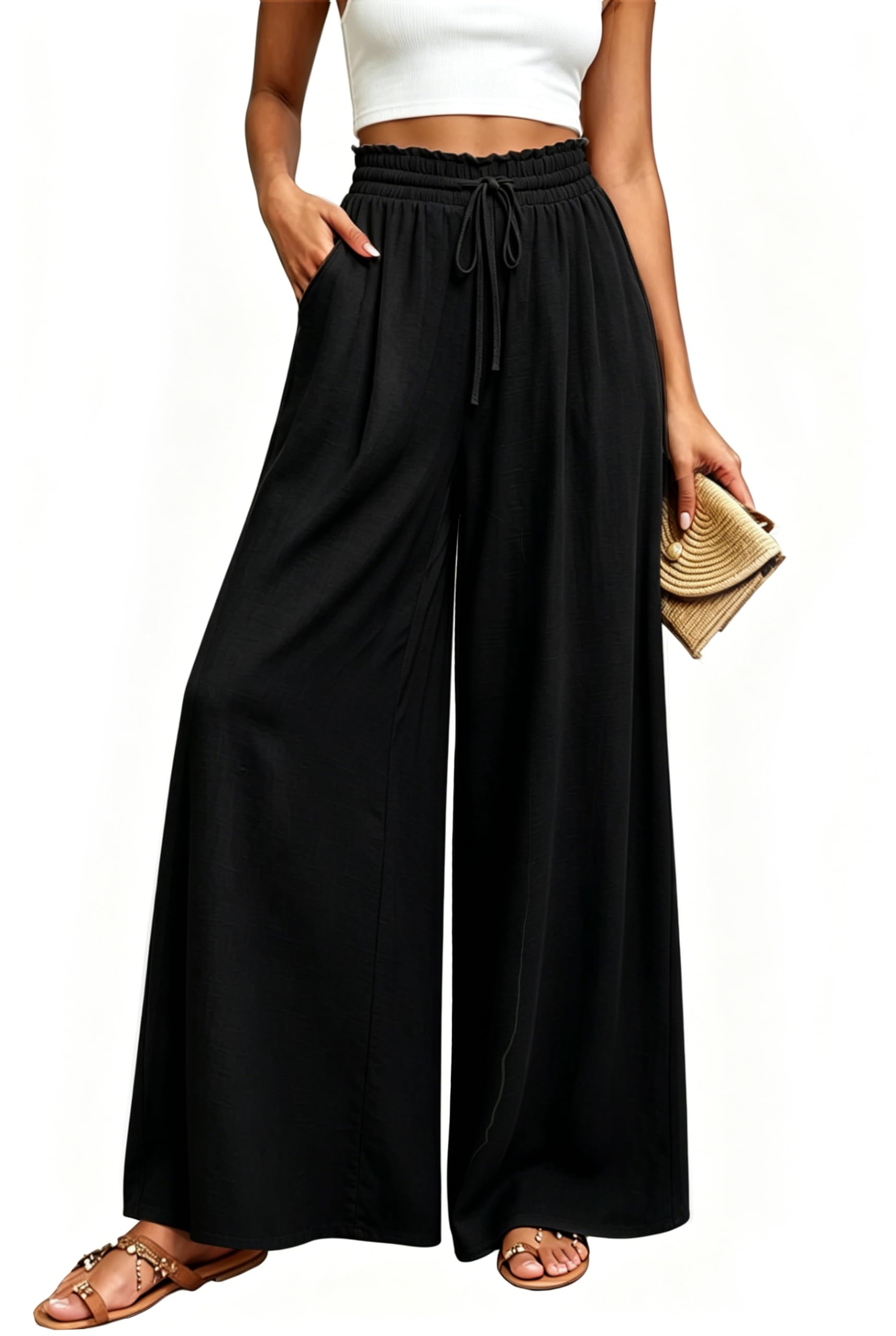 Pantaloni a Gamba Larga Donna Estivi Vita Alta Leggero Motivi Eleganti in Tessuto Pantaloni con Tasche Casual Pantaloni Boho Beach Larghi Leggeri