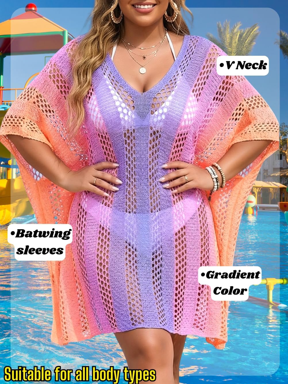 Kaei&Shi Plus Size Bathing Suit Cover Up,Knit Swimsuit Coverup for Women,Ombre Pool Beach Vacation Dress US 2-20