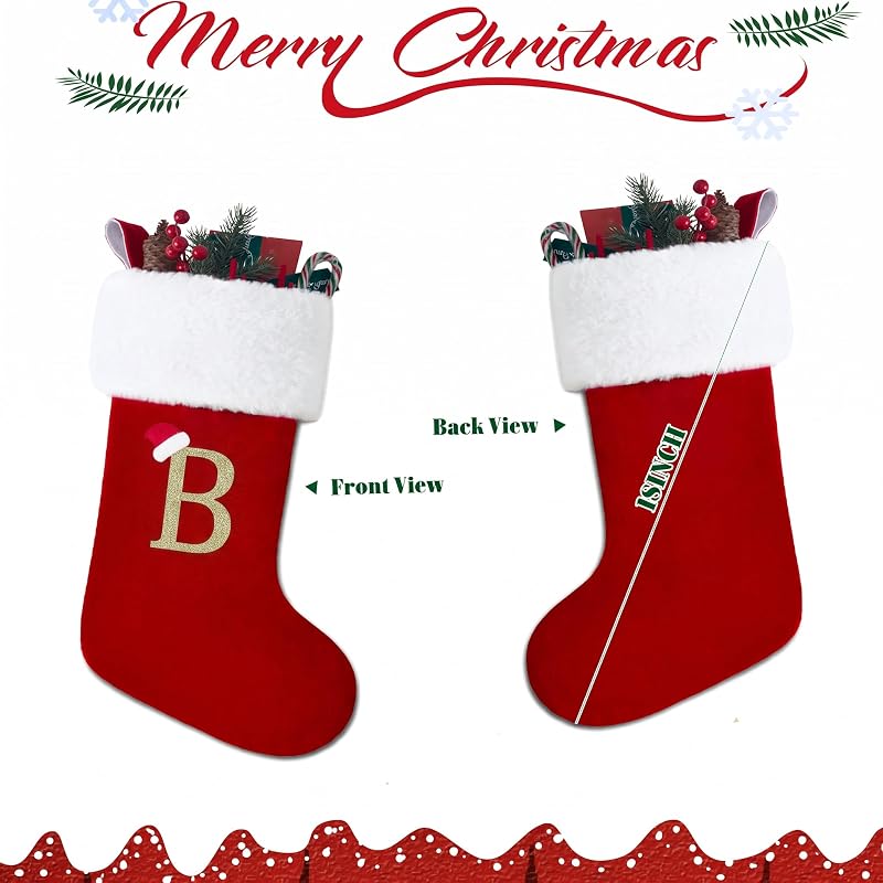 Avidlove 18 Inches Monogram Christmas Stockings Velvet – Embroidered initial with Santa hat