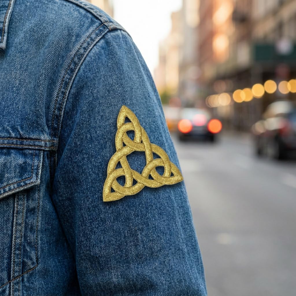 Gold Celtic Embroidered Patch - 3 Inch Triquetra Iron-On or Sew-On Applique - Symbolic Fabric Emblem for Jackets, Bags, and DIY Clothing Decoration
