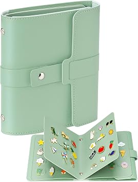 NiHome Enamel Pin Trading Book, PU Leather 4-Page Travel Display, Green | Innovative Scratch-Resistant Compartments with Adjustable Buckle for Secure Badge Collection Storage